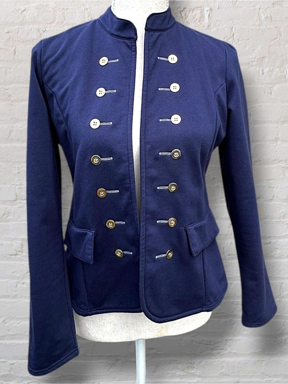 LOGUIN New Preppy Club Navy Military Band Jacket Blazer Size S Gold Button